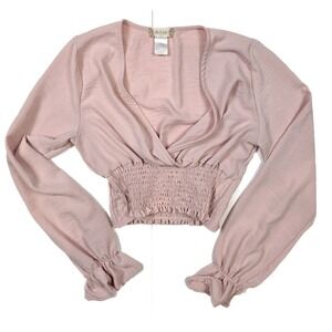 Altar'd State Pink Ruffled Cropped Long Sleeve V- Neck Blouse Women's Size Small